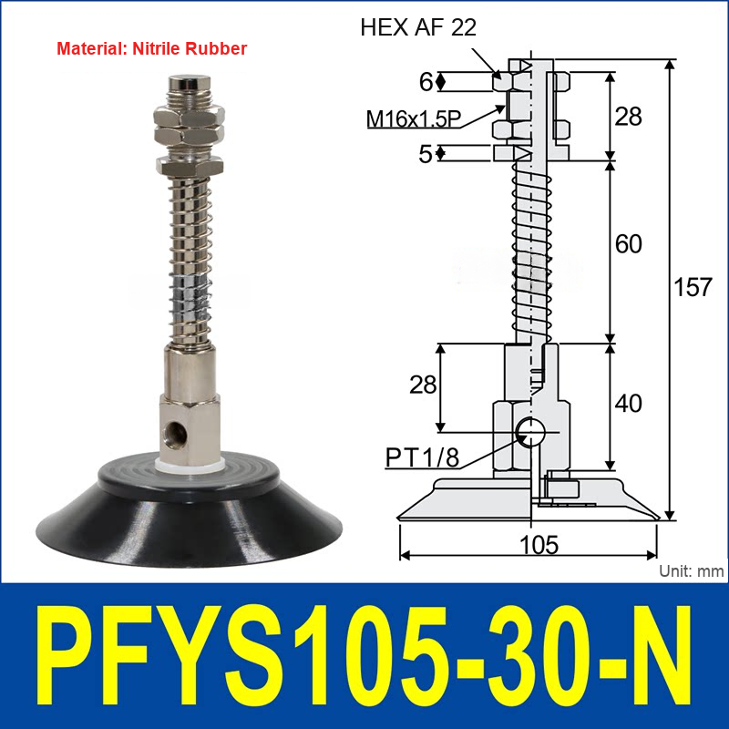 PFYS-105-30-N – Ø105 mm, 30 mm Stroke, Nitrile Rubber, black nitrile rubber spring-loaded vacuum cup assembly, M16 x 1.5 mount, PT1/8 port, 22 mm hex, with dimensions