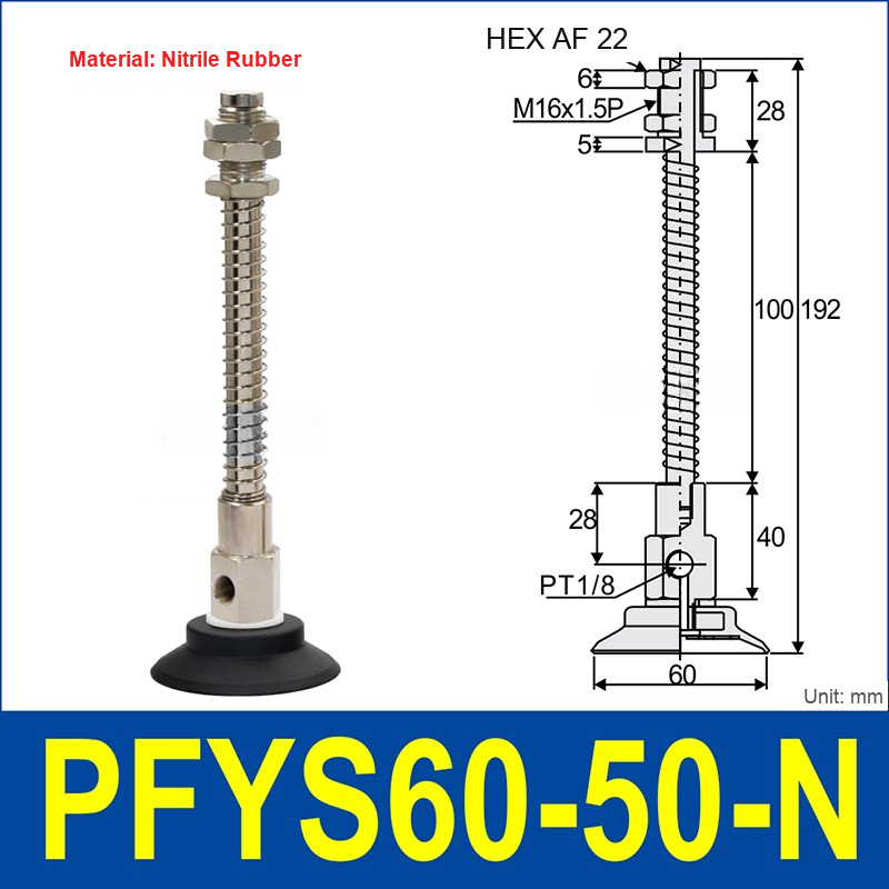 PFYS-60-50-N – Ø60 mm, 50 mm Stroke, Nitrile Rubber, black nitrile rubber spring-loaded vacuum cup assembly, M16 x 1.5 mount, PT1/8 port, 22 mm hex, with dimensions