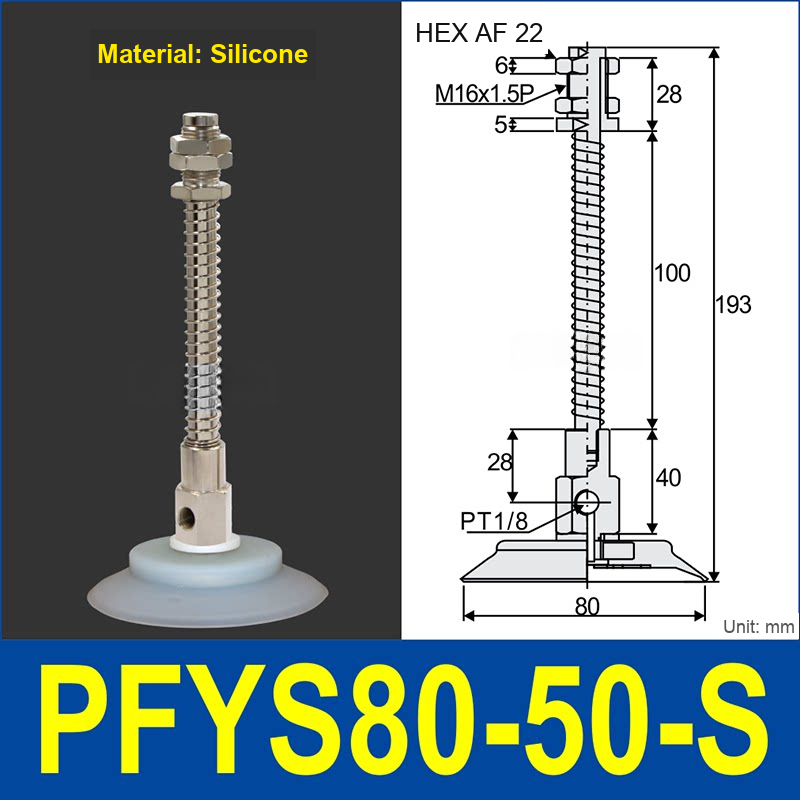 PFYS-80-50-S – Ø80 mm, 50 mm Stroke, Silicone, translucent white silicone spring-loaded vacuum cup assembly, M16 x 1.5 mount, PT1/8 port, 22 mm hex, with dimensions