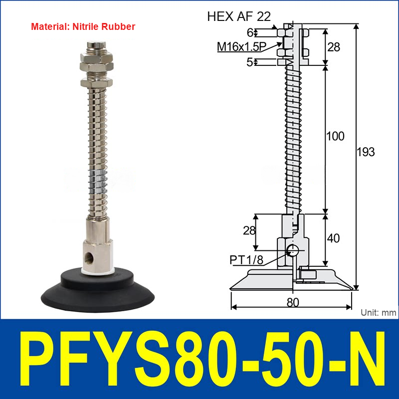 PFYS-80-50-N – Ø80 mm, 50 mm Stroke, Nitrile Rubber, black nitrile rubber spring-loaded vacuum cup assembly, M16 x 1.5 mount, PT1/8 port, 22 mm hex, with dimensions