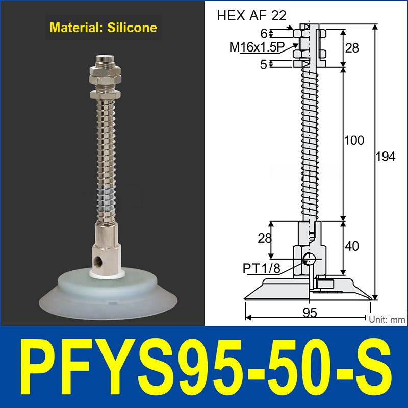 PFYS-95-50-S – Ø95 mm, 50 mm Stroke, Silicone, translucent white silicone spring-loaded vacuum cup assembly, M16 x 1.5 mount, PT1/8 port, 22 mm hex, with dimensions