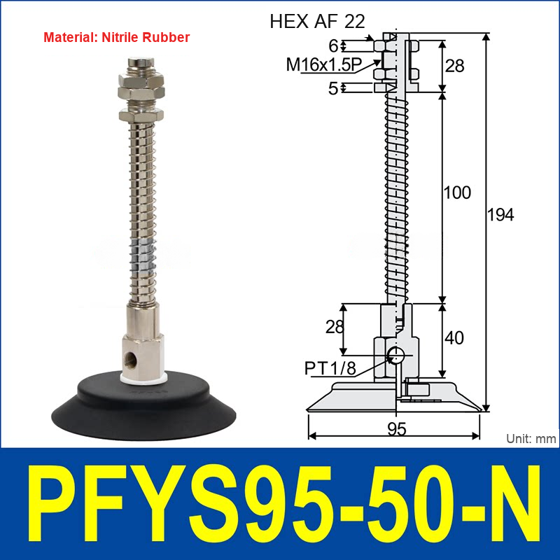 PFYS-95-50-N – Ø95 mm, 50 mm Stroke, Nitrile Rubber, black nitrile rubber spring-loaded vacuum cup assembly, M16 x 1.5 mount, PT1/8 port, 22 mm hex, with dimensions
