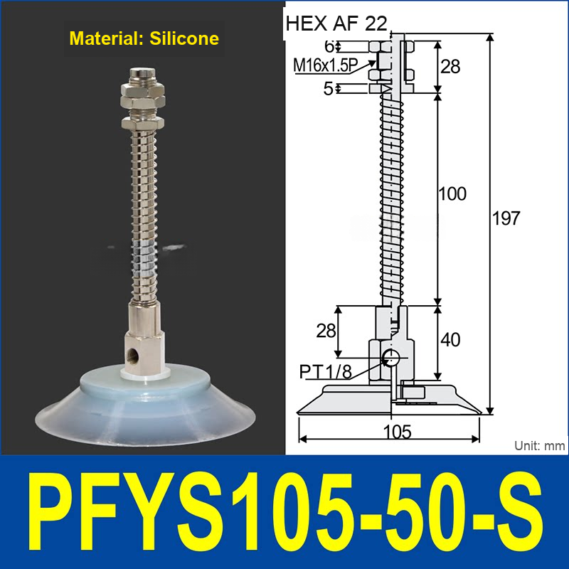 PFYS-105-50-S – Ø105 mm, 50 mm Stroke, Silicone, translucent white silicone spring-loaded vacuum cup assembly, M16 x 1.5 mount, PT1/8 port, 22 mm hex, with dimensions