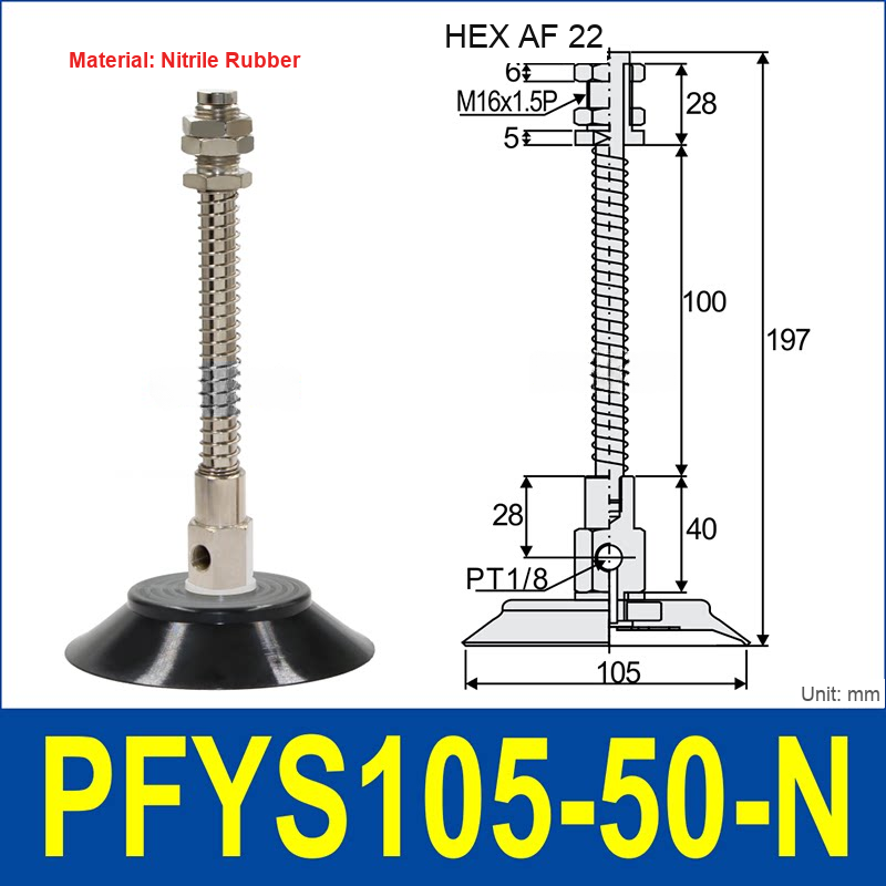 PFYS-105-50-N – Ø105 mm, 50 mm Stroke, Nitrile Rubber, black nitrile rubber spring-loaded vacuum cup assembly, M16 x 1.5 mount, PT1/8 port, 22 mm hex, with dimensions