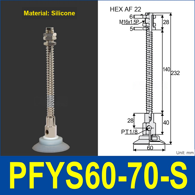 PFYS-60-70-S – Ø60 mm, 70 mm Stroke, Silicone, translucent white silicone spring-loaded vacuum cup assembly, M16 x 1.5 mount, PT1/8 port, 22 mm hex, with dimensions