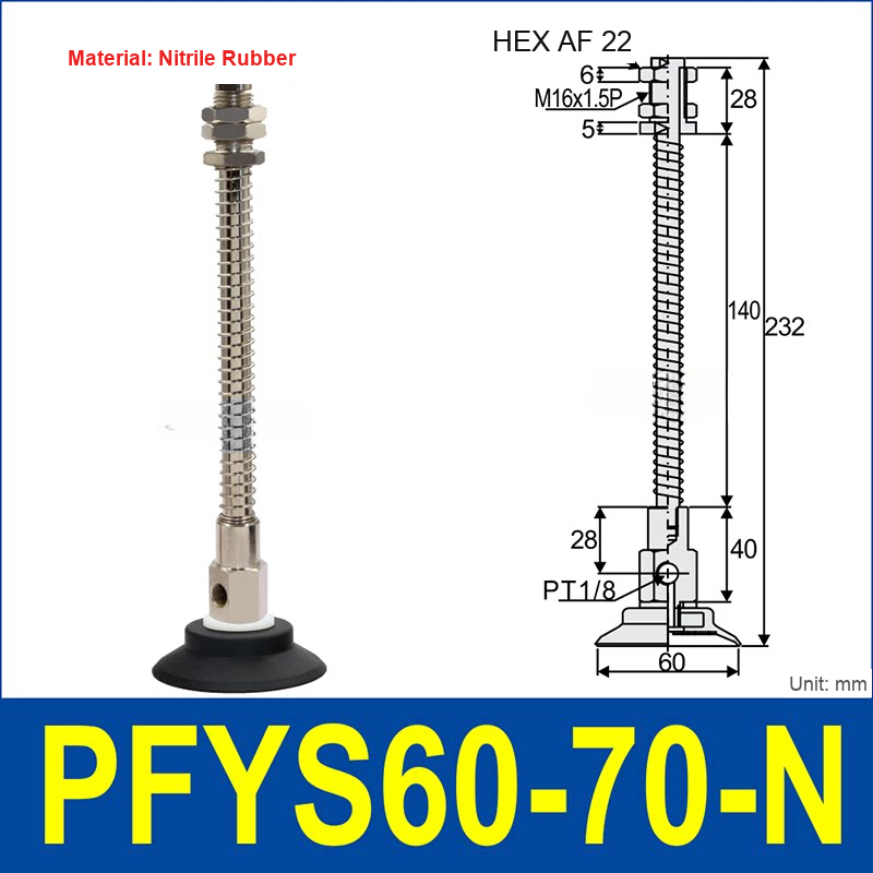PFYS-60-70-N – Ø60 mm, 70 mm Stroke, Nitrile Rubber, black nitrile rubber spring-loaded vacuum cup assembly, M16 x 1.5 mount, PT1/8 port, 22 mm hex, with dimensions