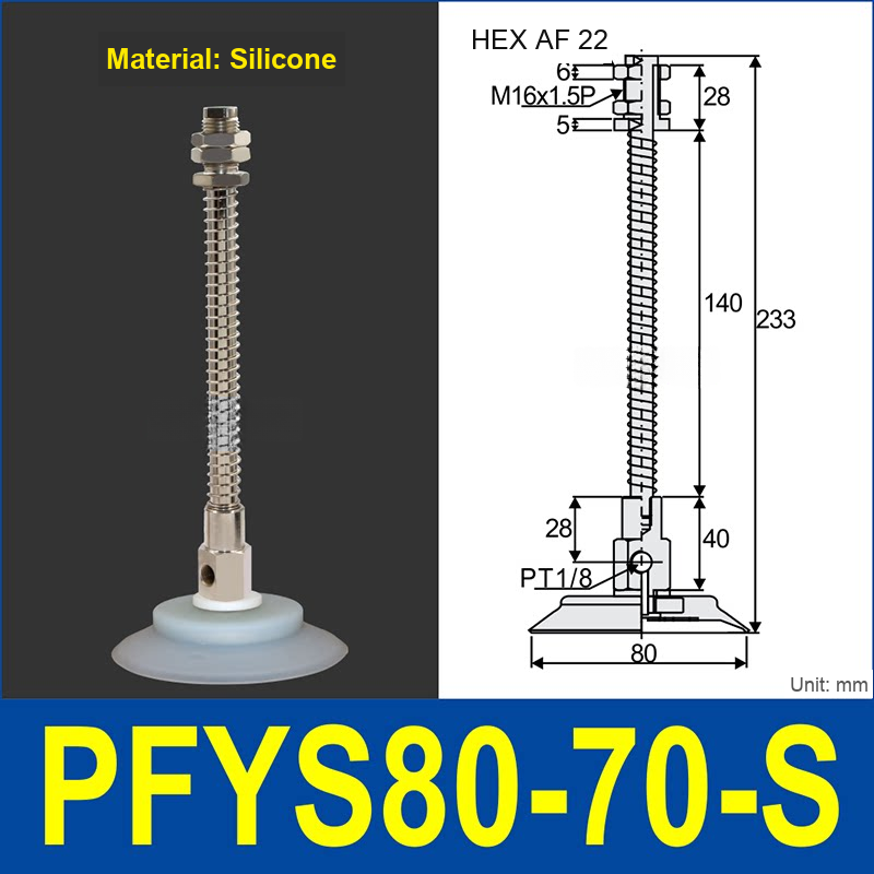 PFYS-80-70-S – Ø80 mm, 70 mm Stroke, Silicone, translucent white silicone spring-loaded vacuum cup assembly, M16 x 1.5 mount, PT1/8 port, 22 mm hex, with dimensions