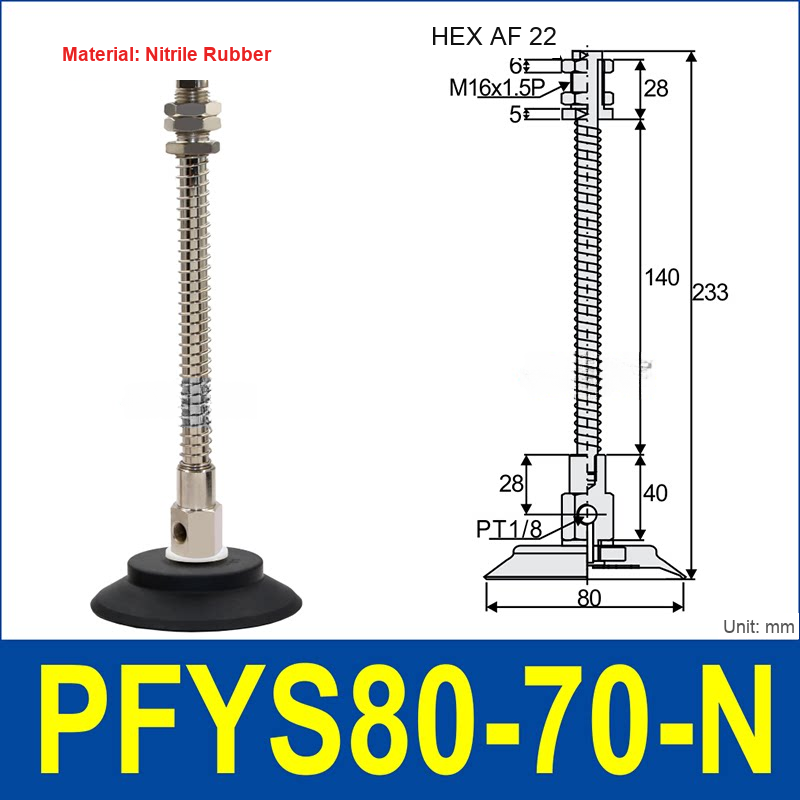PFYS-80-70-N – Ø80 mm, 70 mm Stroke, Nitrile Rubber, black nitrile rubber spring-loaded vacuum cup assembly, M16 x 1.5 mount, PT1/8 port, 22 mm hex, with dimensions