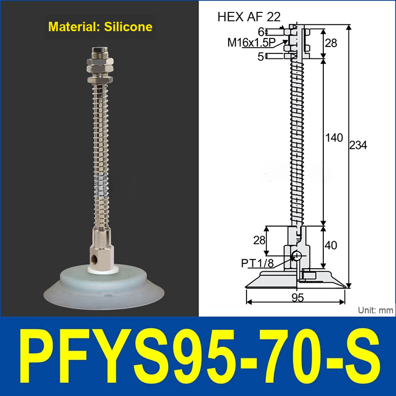 PFYS-95-70-S – Ø95 mm, 70 mm Stroke, Silicone, translucent white silicone spring-loaded vacuum cup assembly, M16 x 1.5 mount, PT1/8 port, 22 mm hex, with dimensions