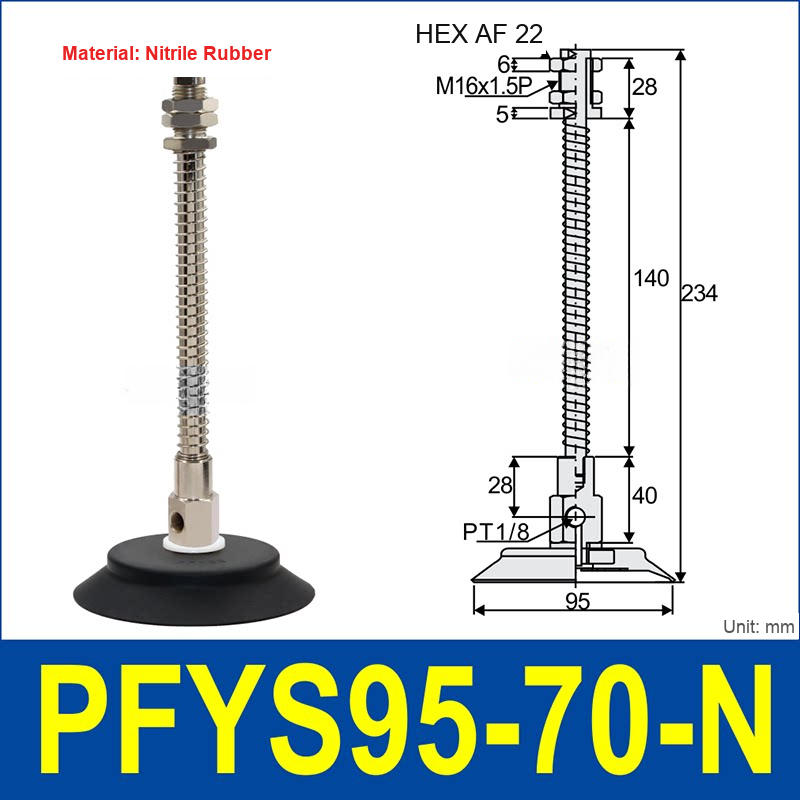 PFYS-95-70-N – Ø95 mm, 70 mm Stroke, Nitrile Rubber, black nitrile rubber spring-loaded vacuum cup assembly, M16 x 1.5 mount, PT1/8 port, 22 mm hex, with dimensions