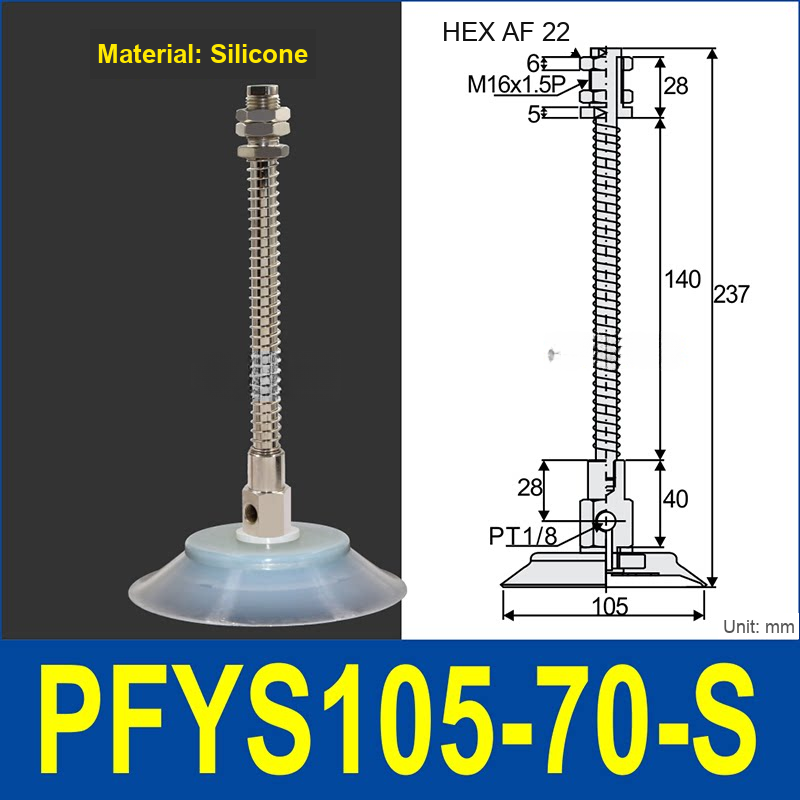 PFYS-105-70-S – Ø105 mm, 70 mm Stroke, Silicone, translucent white silicone spring-loaded vacuum cup assembly, M16 x 1.5 mount, PT1/8 port, 22 mm hex, with dimensions