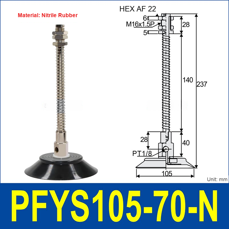 PFYS-105-70-N – Ø105 mm, 70 mm Stroke, Nitrile Rubber, black nitrile rubber spring-loaded vacuum cup assembly, M16 x 1.5 mount, PT1/8 port, 22 mm hex, with dimensions
