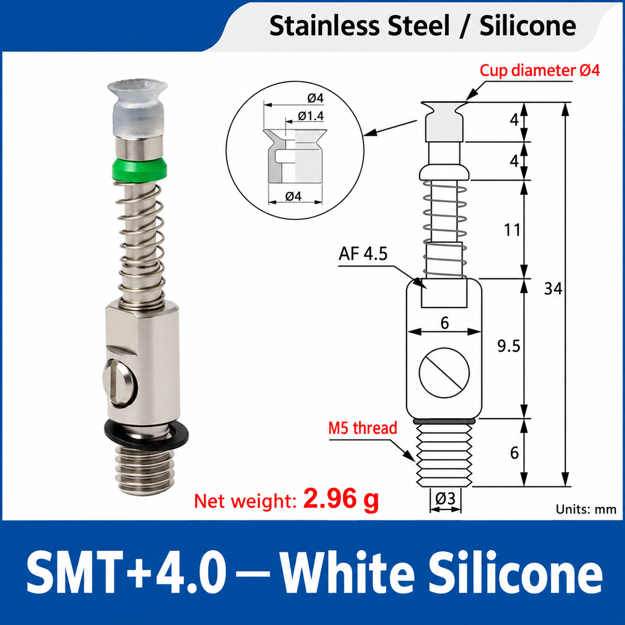SMT+4.0 — White Silicone: real product photo and dimensions in millimeters