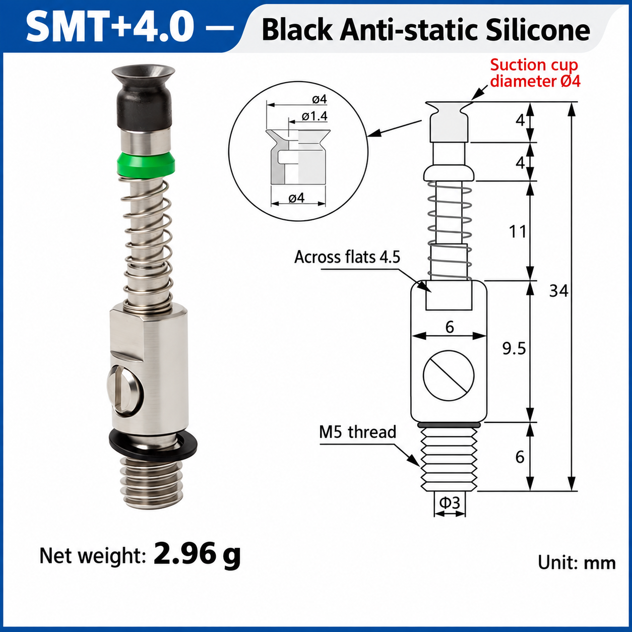 SMT+4.0 — Black Anti-static Silicone: real product photo and dimensions in millimeters
