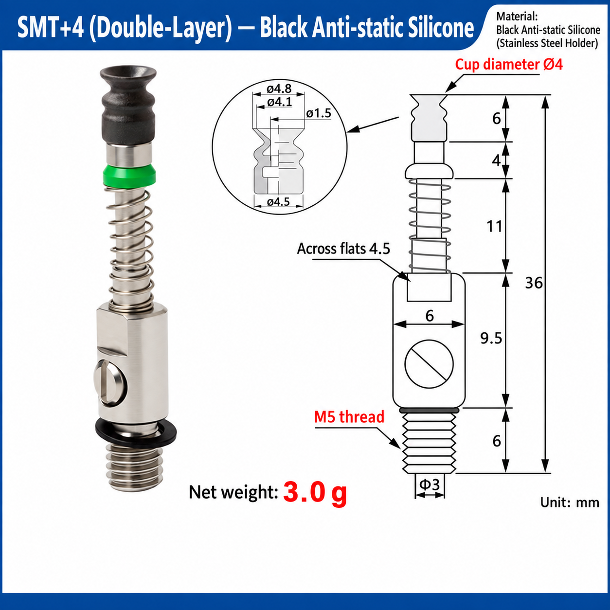 SMT+4 (Double-Layer) — Black Anti-static Silicone: real product photo and dimensions in millimeters