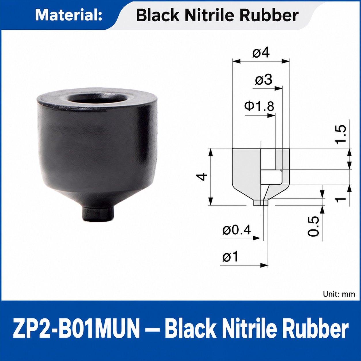 ZP2-B01MUN — Black Nitrile Rubber: real product photo and dimensions in millimeters