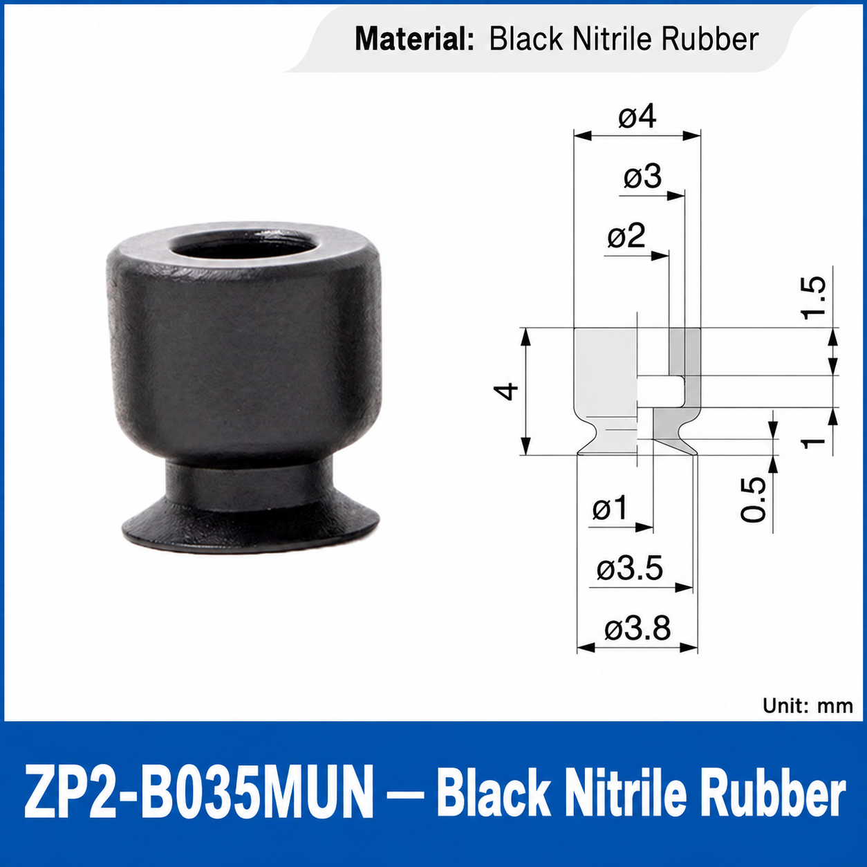 ZP2-B035MUN — Black Nitrile Rubber: real product photo and dimensions in millimeters