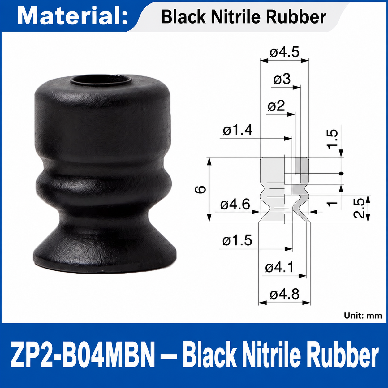ZP2-B04MBN — Black Nitrile Rubber: real product photo and dimensions in millimeters
