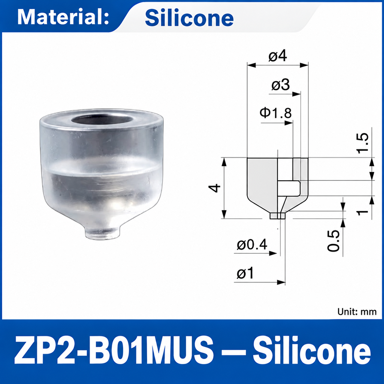 ZP2-B01MUS — Silicone: real product photo and dimensions in millimeters