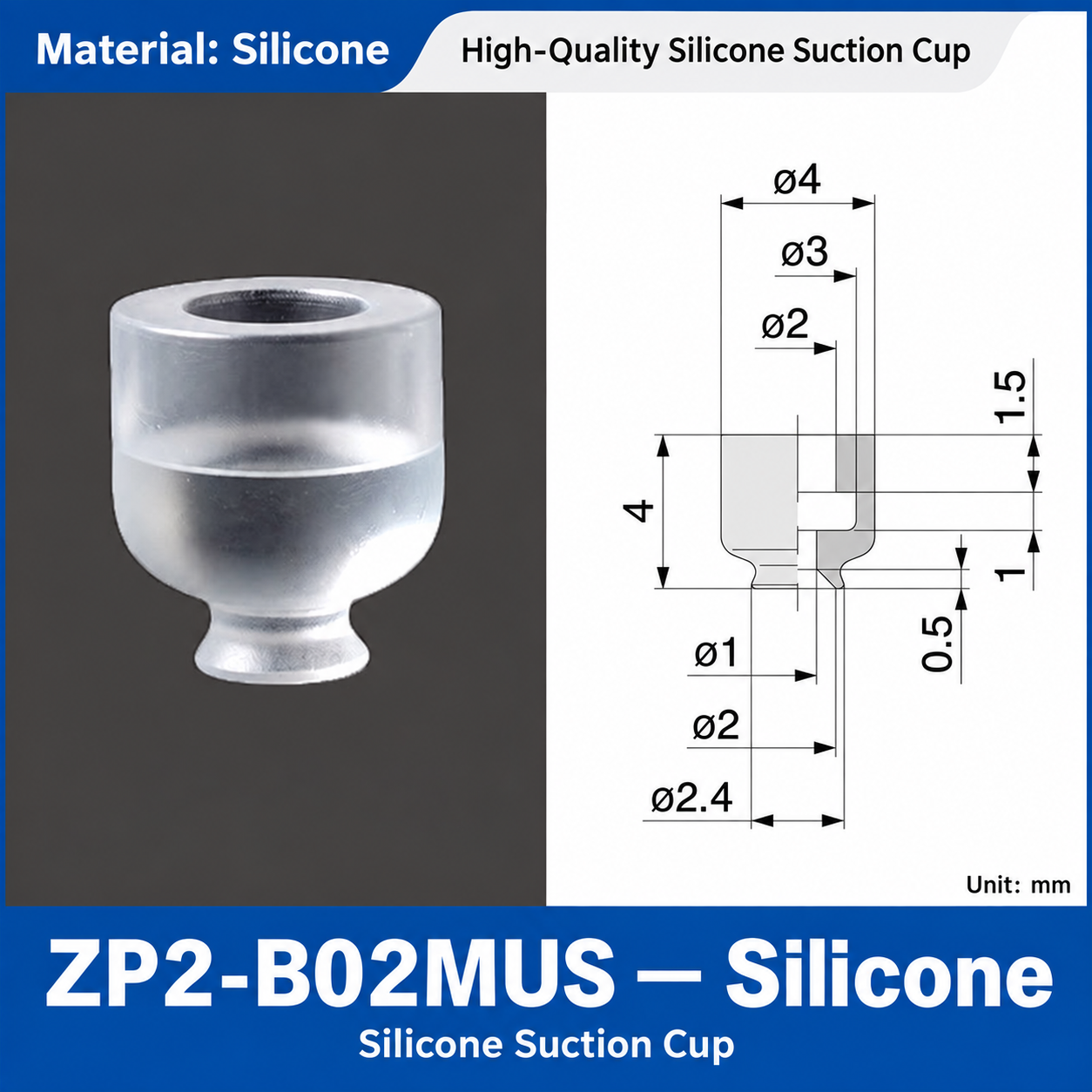 ZP2-B02MUS — Silicone: real product photo and dimensions in millimeters