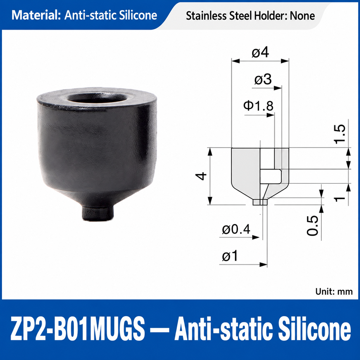 ZP2-B01MUGS — Anti-static Silicone: real product photo and dimensions in millimeters