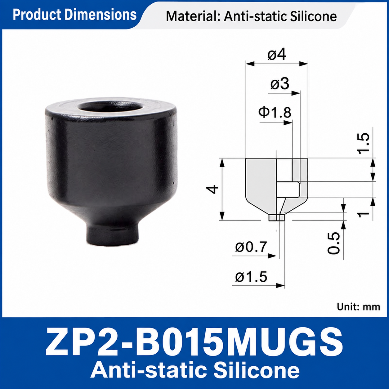 ZP2-B015MUGS — Anti-static Silicone: real product photo and dimensions in millimeters