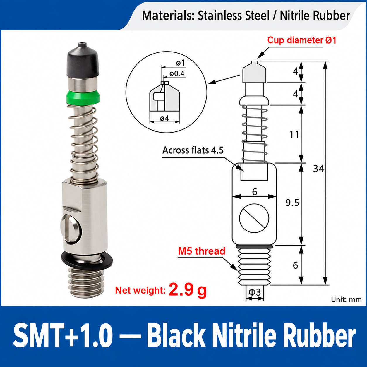 SMT+1.0 — Black Nitrile Rubber: real product photo and dimensions in millimeters