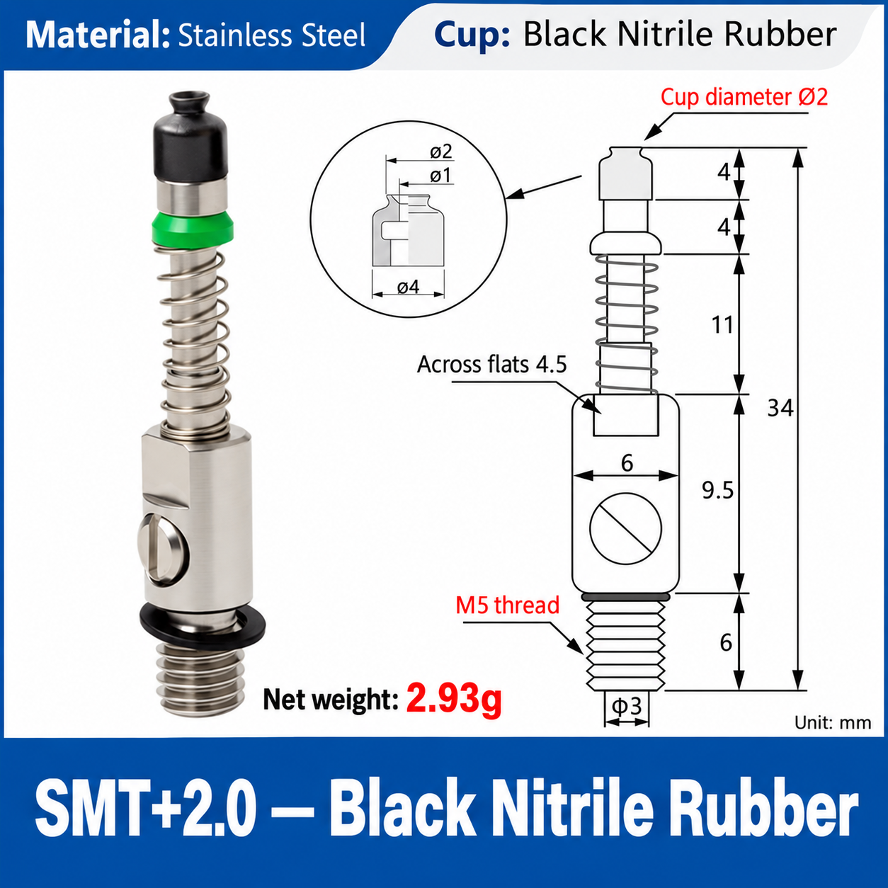 SMT+2.0 — Black Nitrile Rubber: real product photo and dimensions in millimeters