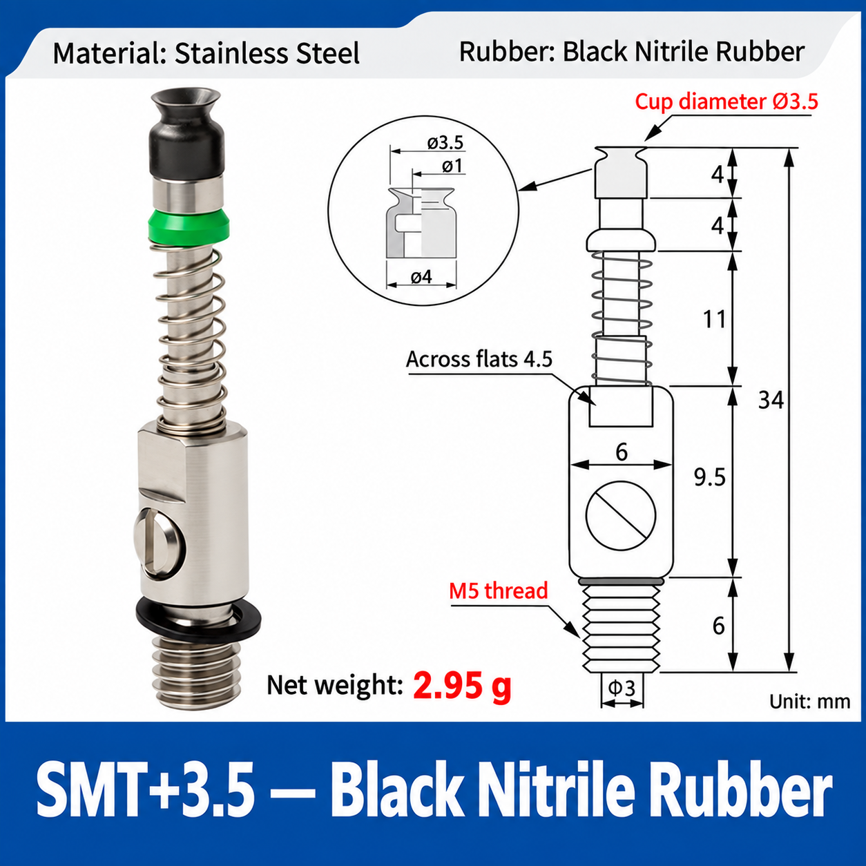 SMT+3.5 — Black Nitrile Rubber: real product photo and dimensions in millimeters
