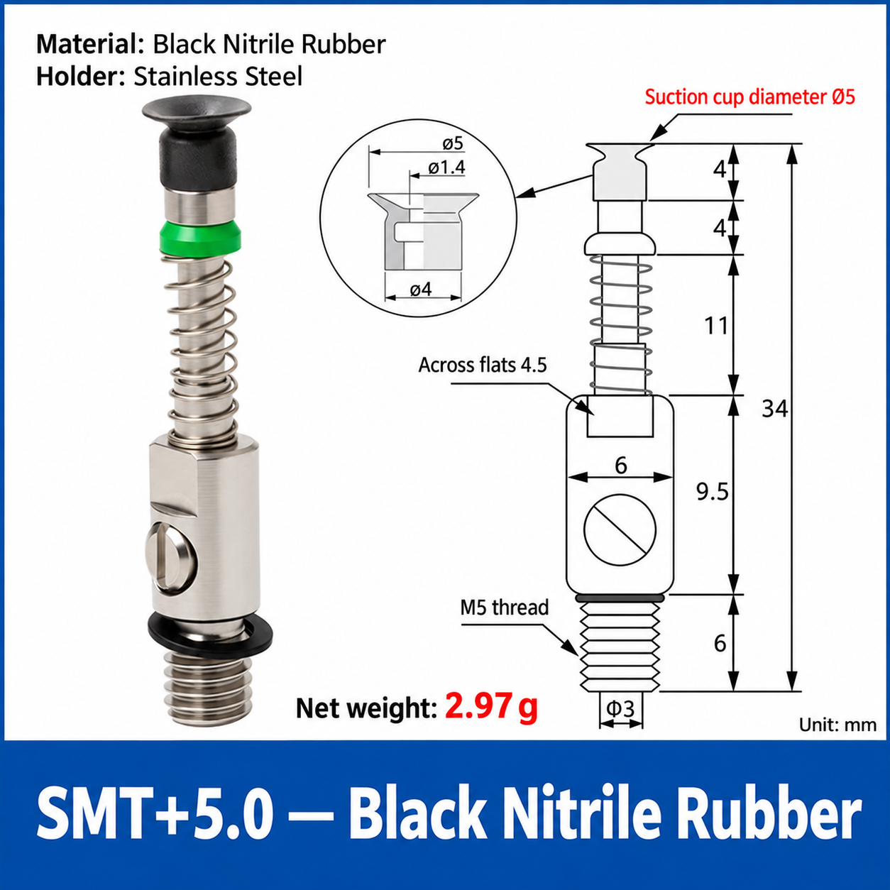 SMT+5.0 — Black Nitrile Rubber: real product photo and dimensions in millimeters