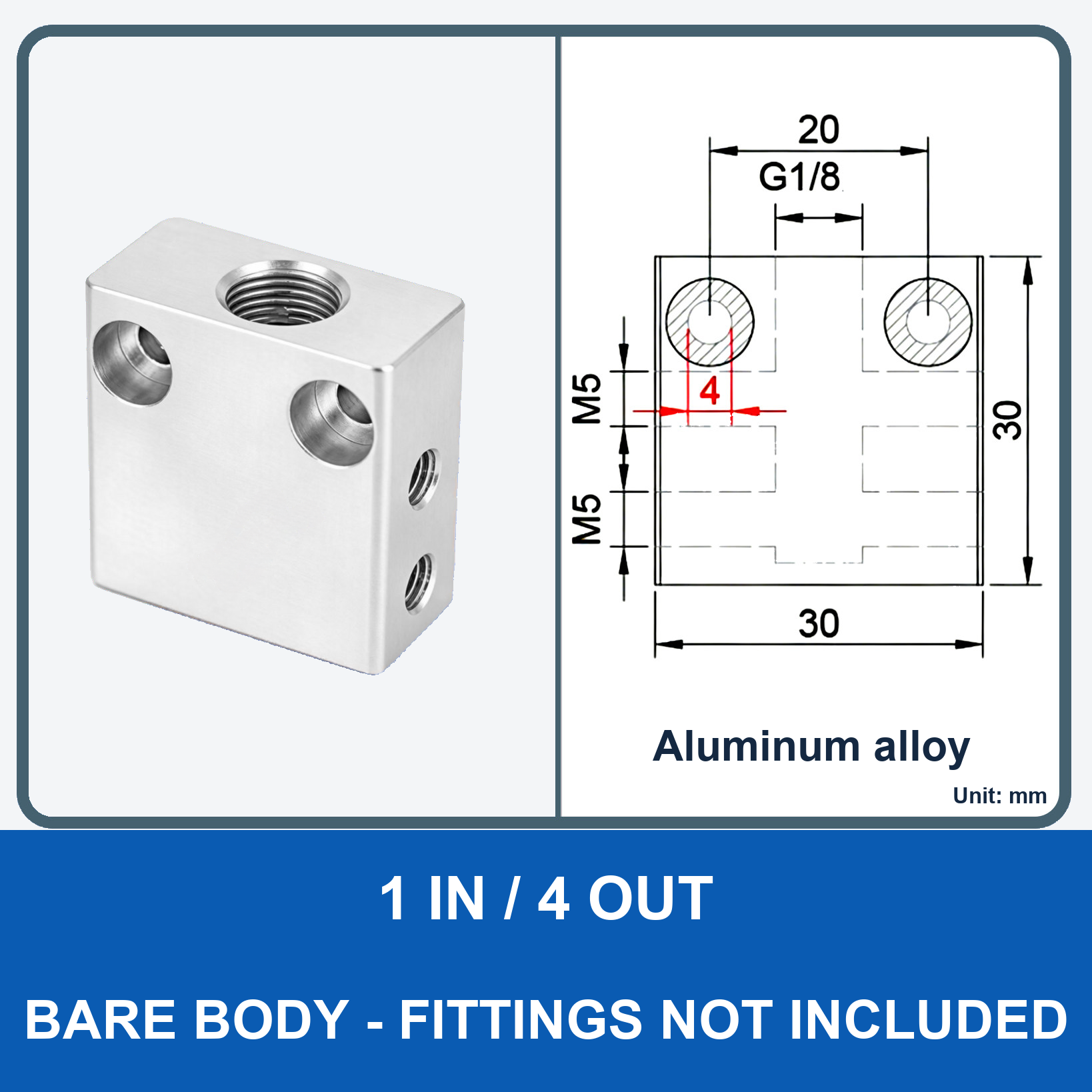 Aluminum air manifold - 1 in / 4 out - Bare body - product and dimension drawing