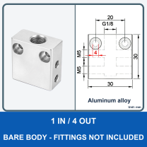 Aluminum air manifold - 1 in / 4 out - Bare body - product and dimension drawing
