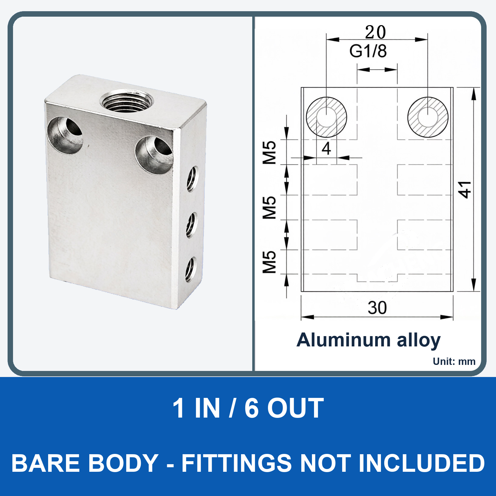 Aluminum air manifold - 1 in / 6 out - Bare body - product and dimension drawing