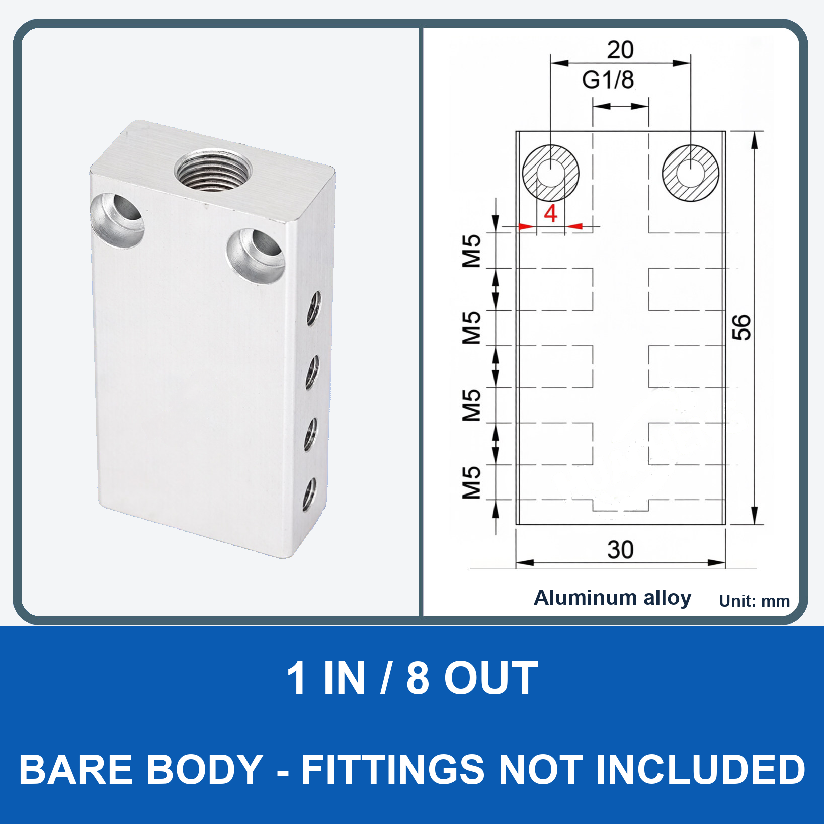 Aluminum air manifold - 1 in / 8 out - Bare body - product and dimension drawing