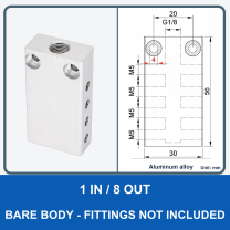 Aluminum air manifold - 1 in / 8 out - Bare body - product and dimension drawing