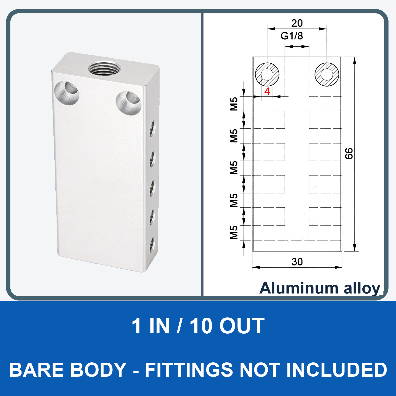 Aluminum air manifold - 1 in / 10 out - Bare body - product and dimension drawing