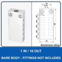 Aluminum air manifold - 1 in / 10 out - Bare body - product and dimension drawing