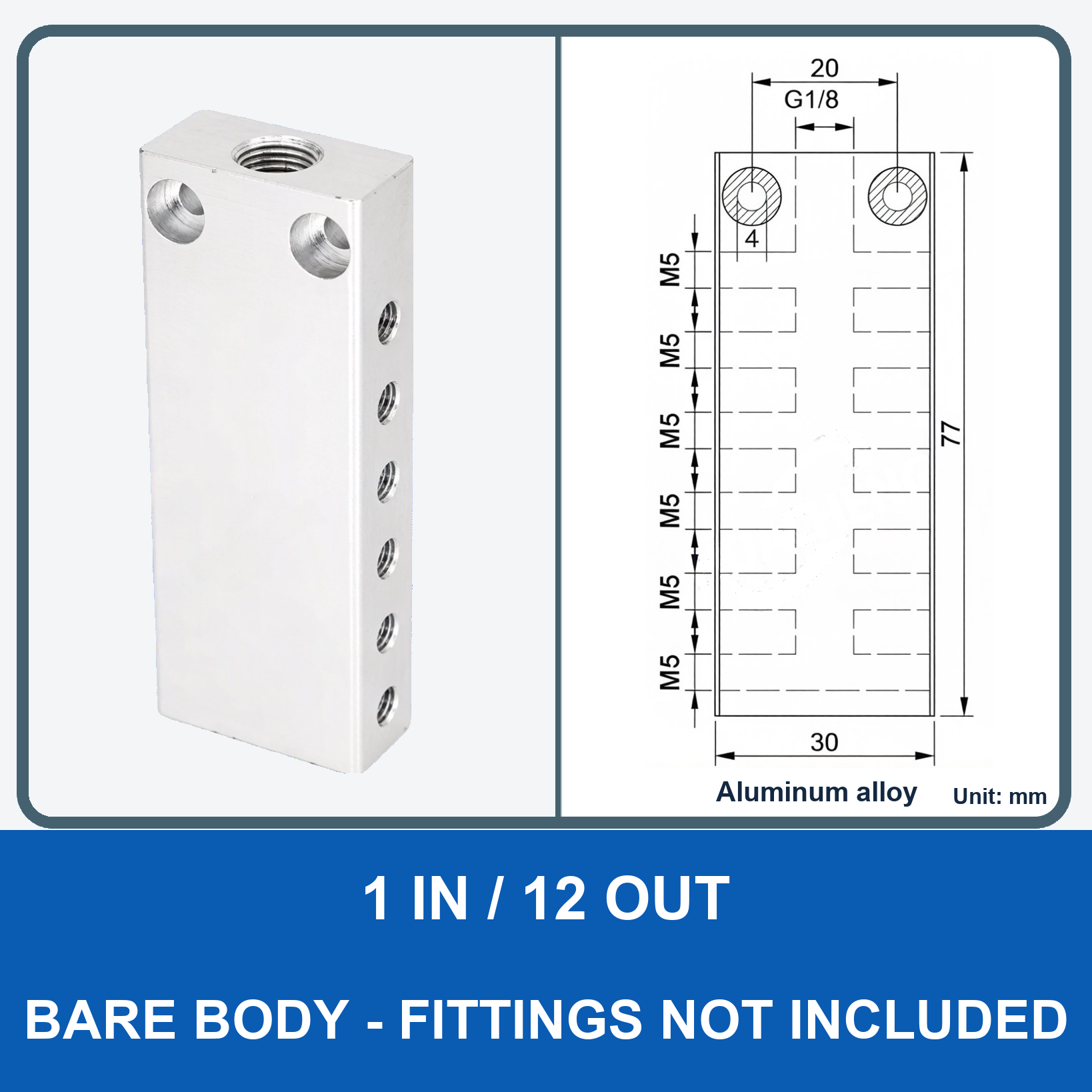 Aluminum air manifold - 1 in / 12 out - Bare body - product and dimension drawing
