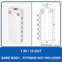 Aluminum air manifold - 1 in / 12 out - Bare body - product and dimension drawing