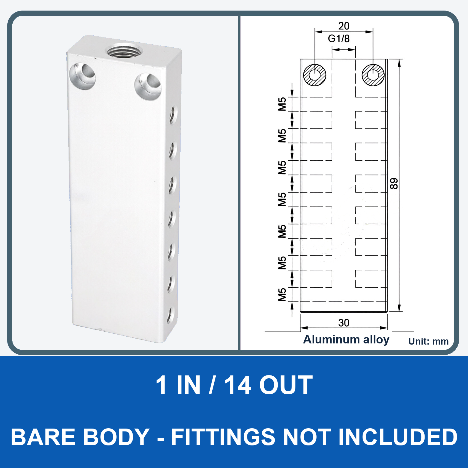 Aluminum air manifold - 1 in / 14 out - Bare body - product and dimension drawing