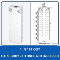 Aluminum air manifold - 1 in / 14 out - Bare body - product and dimension drawing