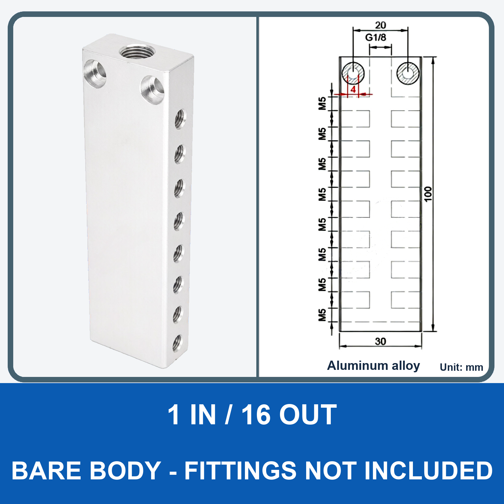 Aluminum air manifold - 1 in / 16 out - Bare body - product and dimension drawing