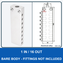 Aluminum air manifold - 1 in / 16 out - Bare body - product and dimension drawing