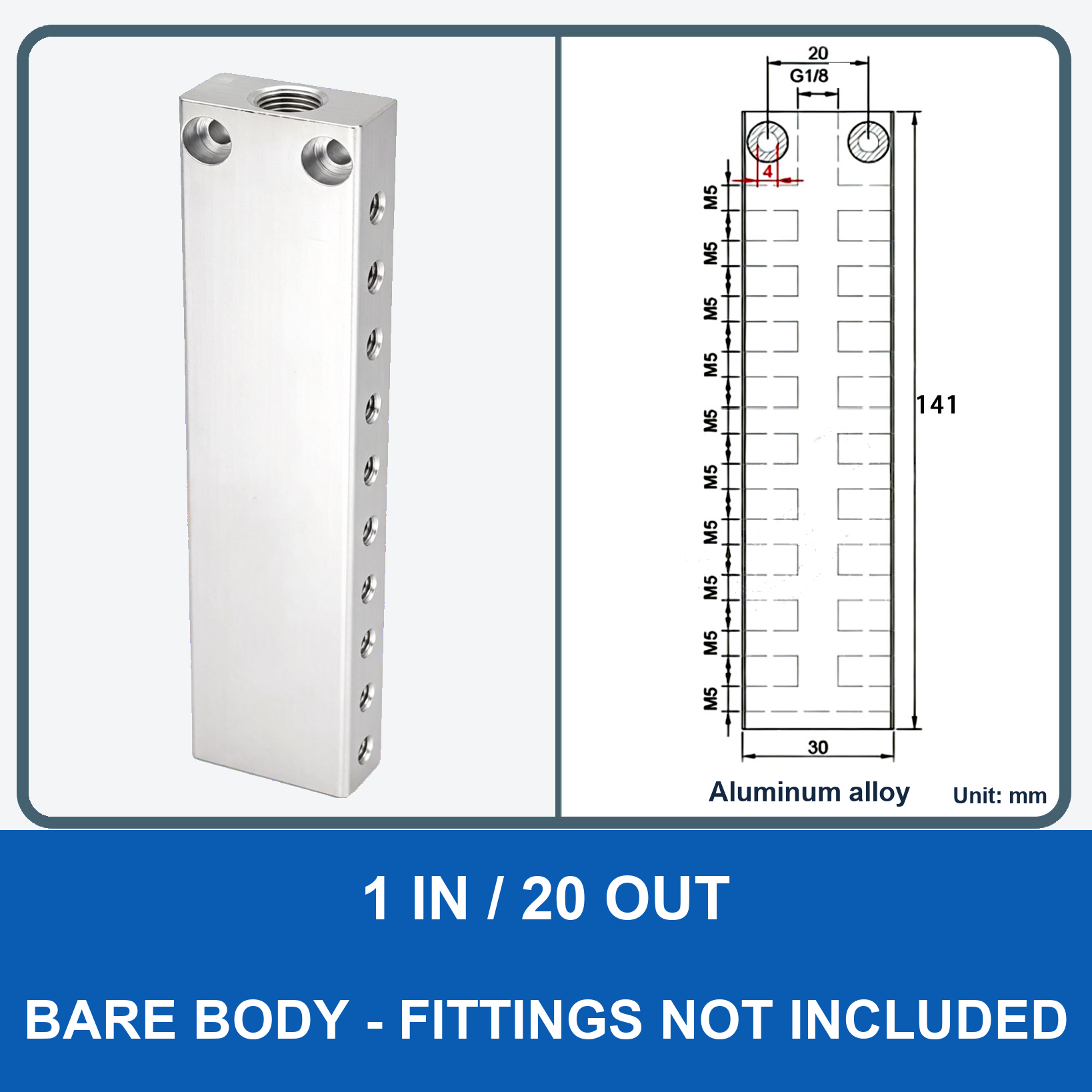 Aluminum air manifold - 1 in / 20 out - Bare body - product and dimension drawing