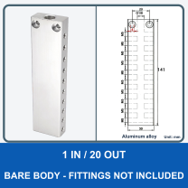 Aluminum air manifold - 1 in / 20 out - Bare body - product and dimension drawing