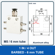 Aluminum air manifold - 1 in / 4 out - Barbed, 6 mm tube - product and dimension drawing