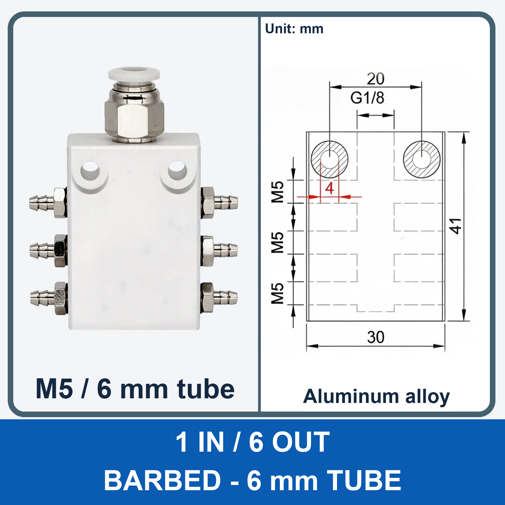 Aluminum air manifold - 1 in / 6 out - Barbed, 6 mm tube - product and dimension drawing