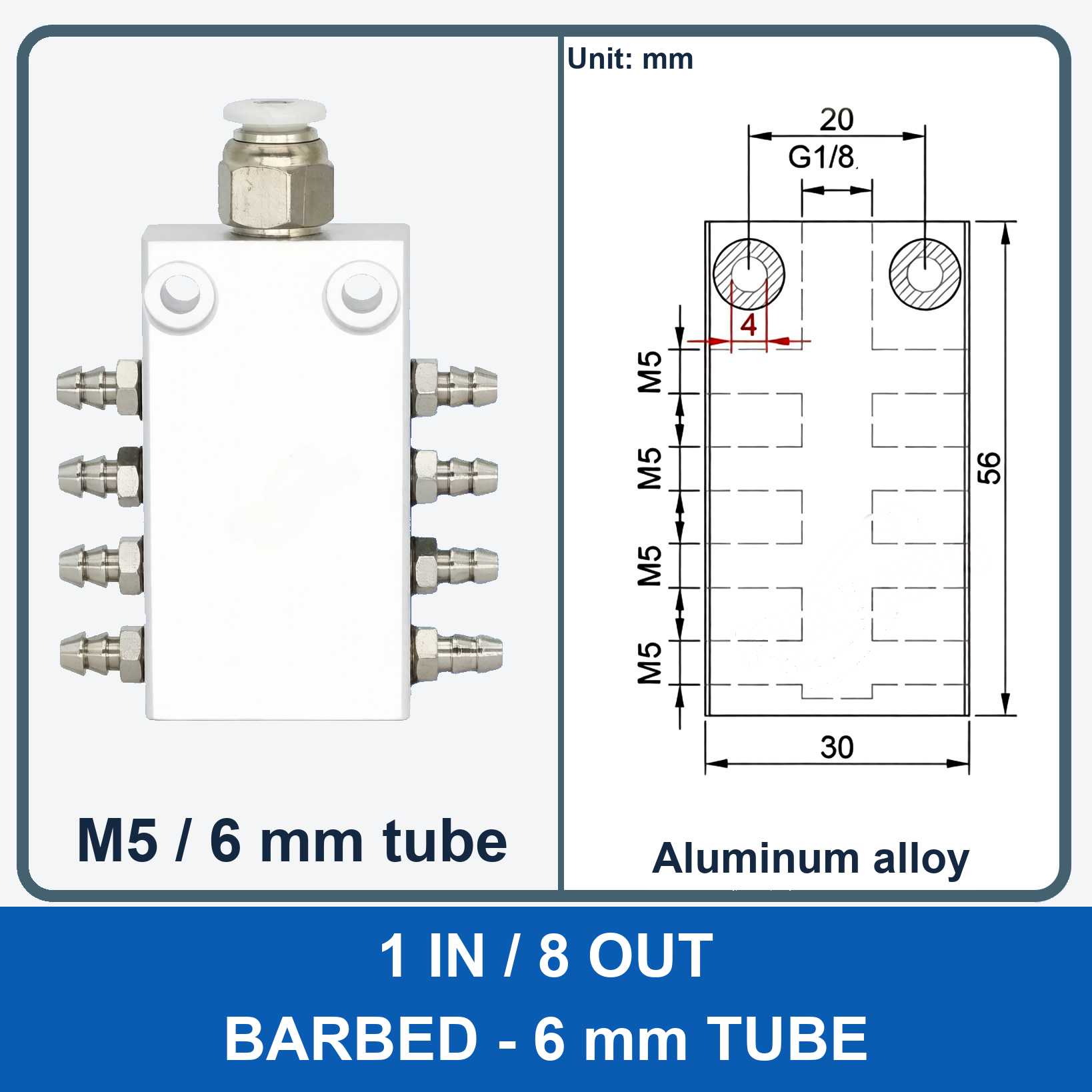 Aluminum air manifold - 1 in / 8 out - Barbed, 6 mm tube - product and dimension drawing