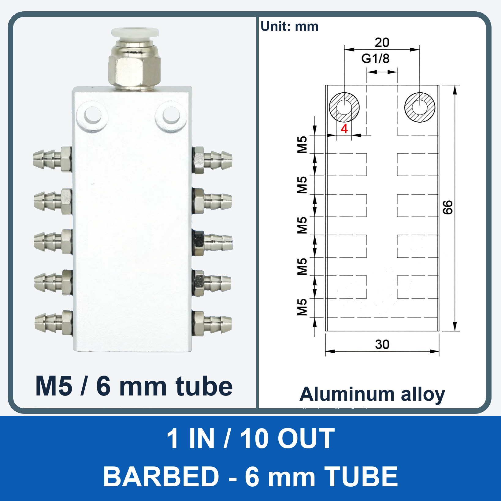 Aluminum air manifold - 1 in / 10 out - Barbed, 6 mm tube - product and dimension drawing