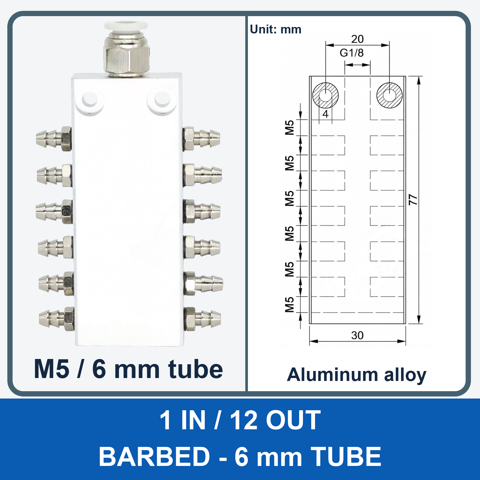Aluminum air manifold - 1 in / 12 out - Barbed, 6 mm tube - product and dimension drawing